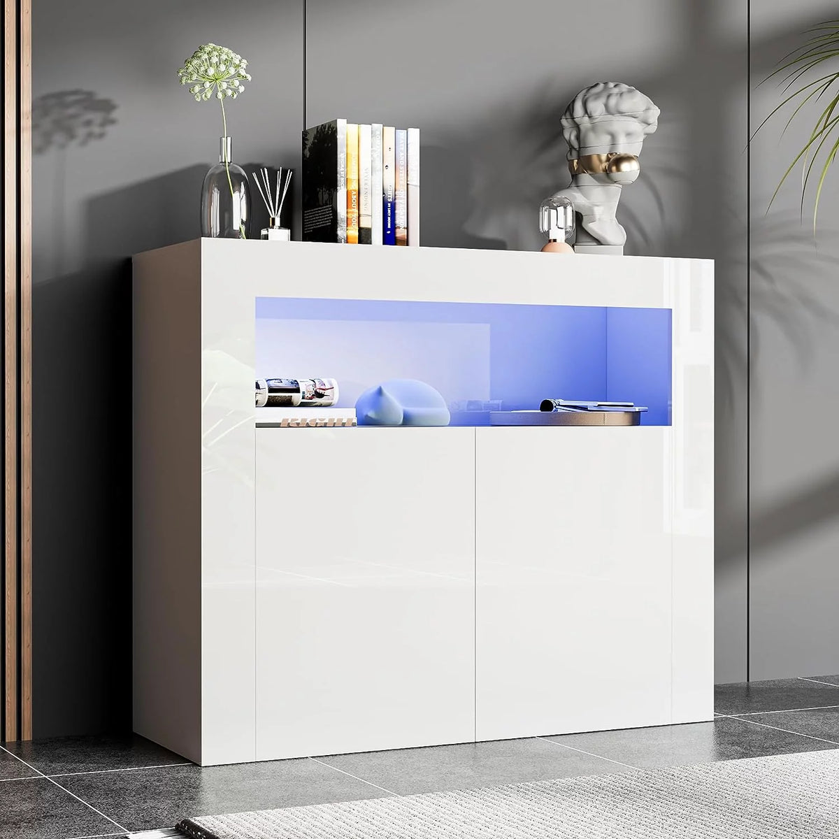 White High Glossy 2 Door Buffet Cabinet with Adjustable Shelf R6038