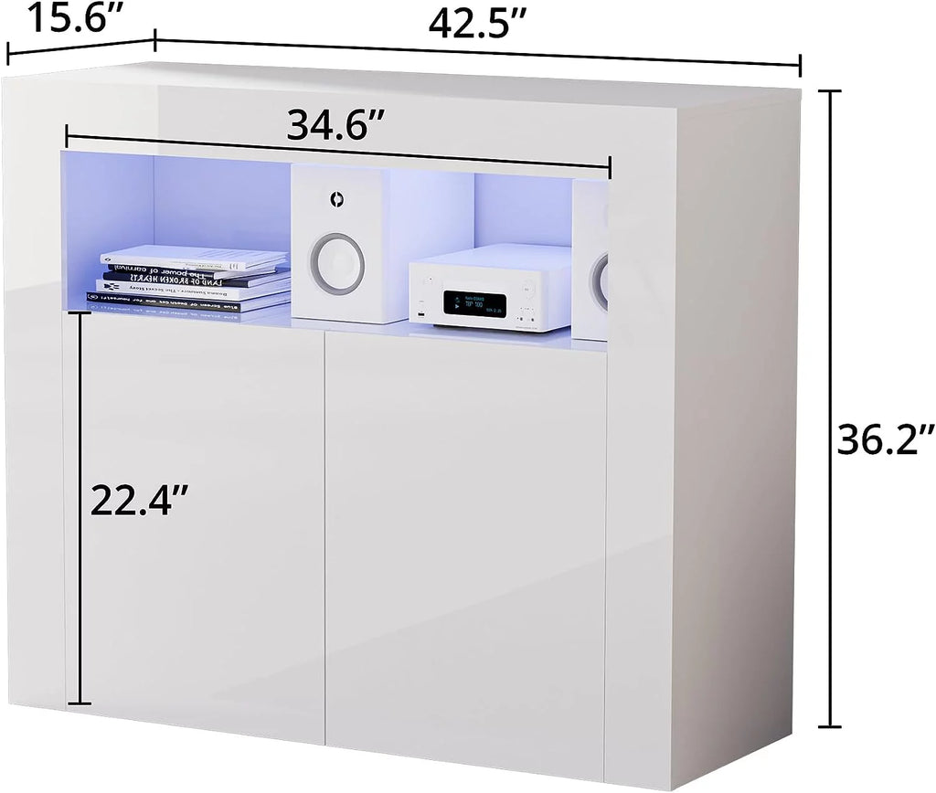 White High Glossy 2 Door Buffet Cabinet with Adjustable Shelf R6038