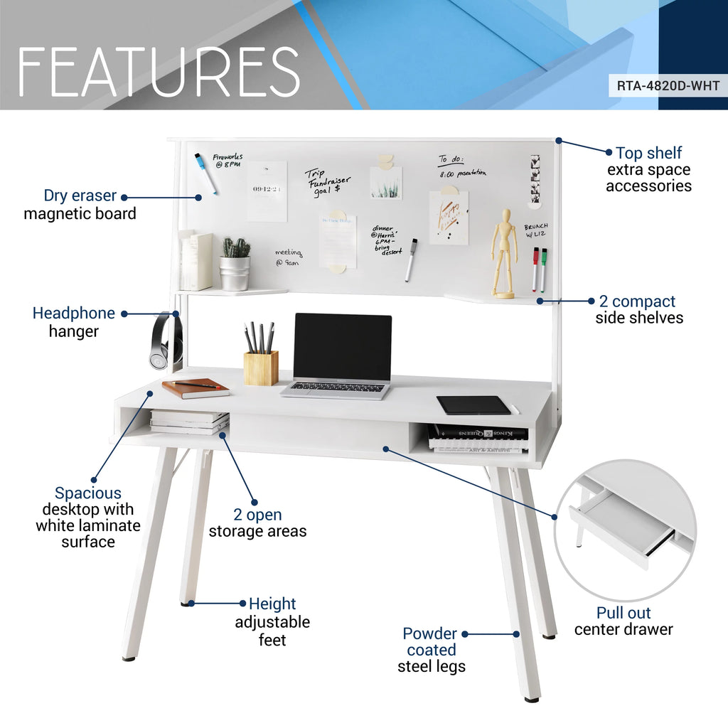 White Computer Desk With Storage & Dry Erase White Board M668543