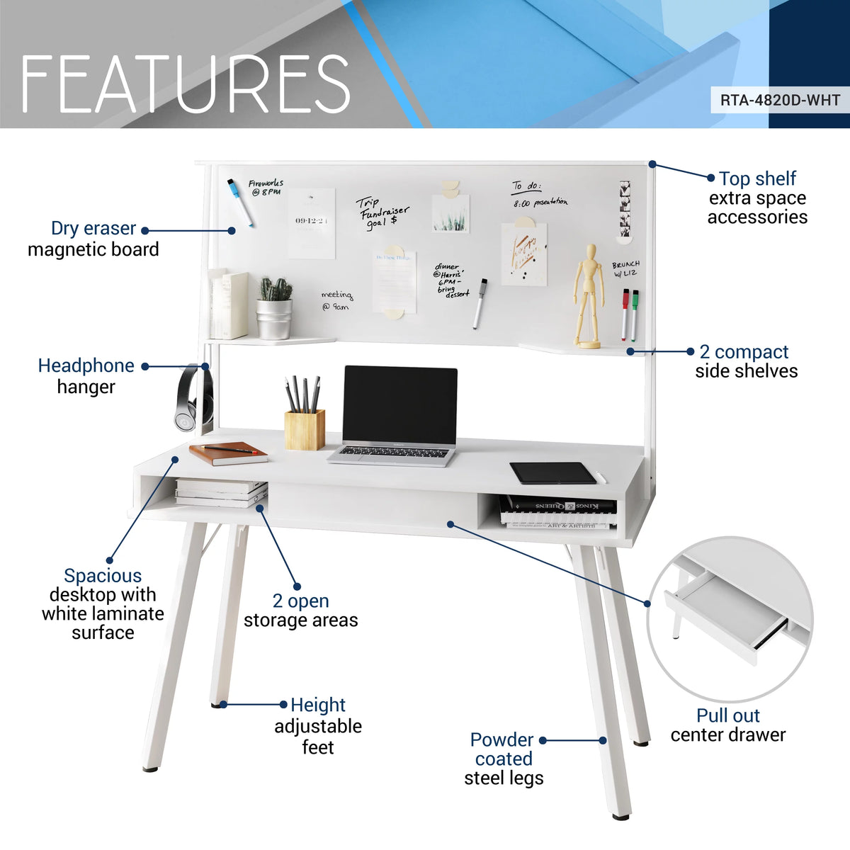 White Computer Desk With Storage & Dry Erase White Board M668543