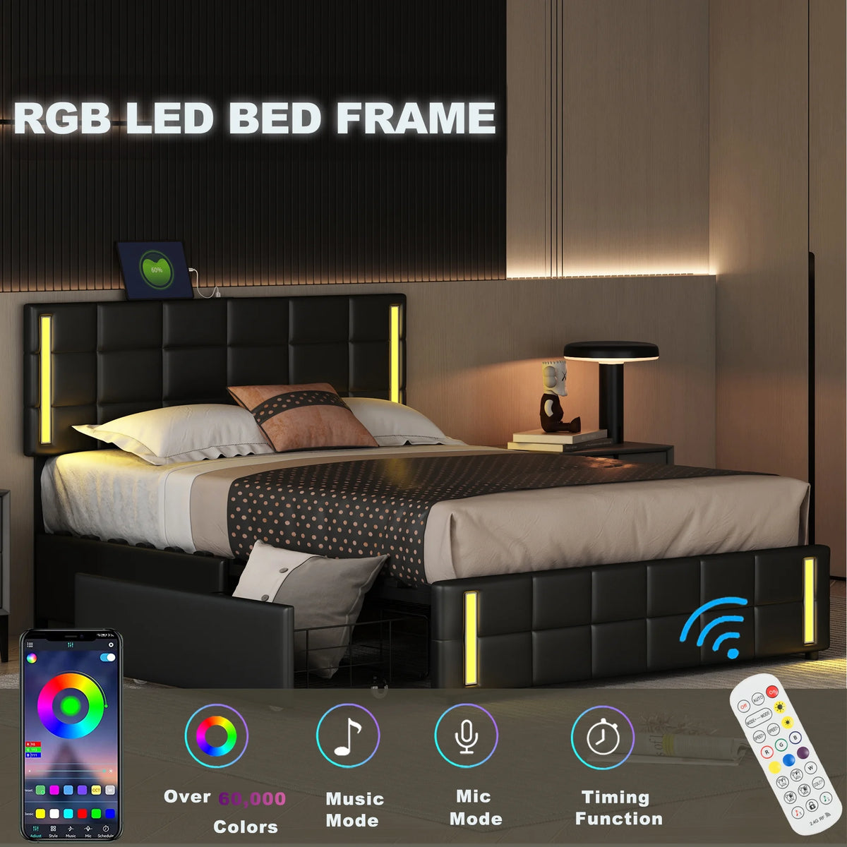 Black Queen Size PU Upholstered Platform Bed with LED Light and Drawers D200687