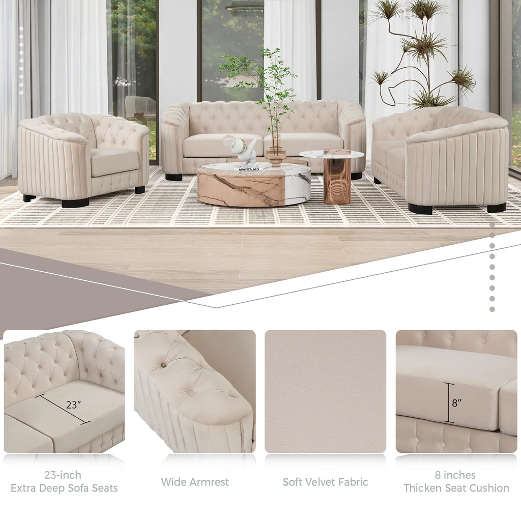 Beige Velvet 3-Piece Sofa Set with Rubber Wood Legs H893