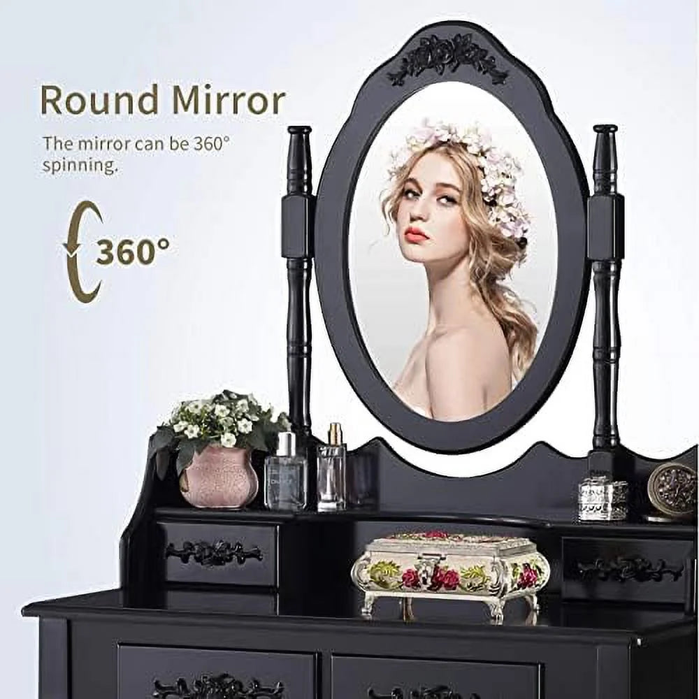 White 4 Drawer Vanity Table Set with Oval Mirror & Stool E7094