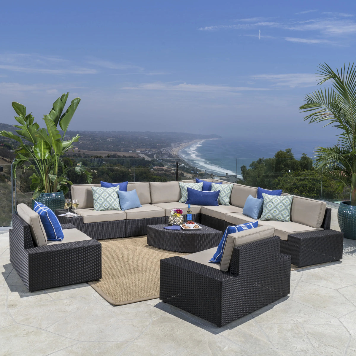 10 Piece Wicker Sofa Set with Cushions, Dark Brown, Beige Y1805