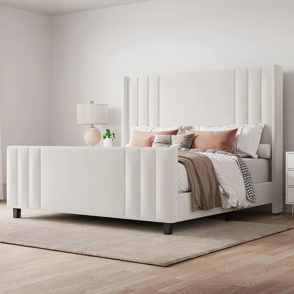 Queen Platform Bed Frame with Vertical Channel, Cream T54176