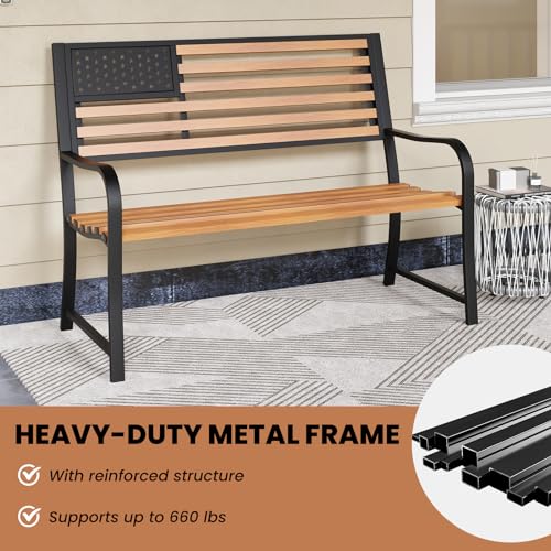 50” 2-Person Metal Patio Bench with Flag Pattern Backrest E406