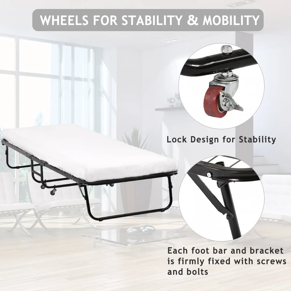 Folding Bed Frame with Wheel, Rollaway Bed with Mattress, Foldable Twin Bed with Memory Foam Mattress N472