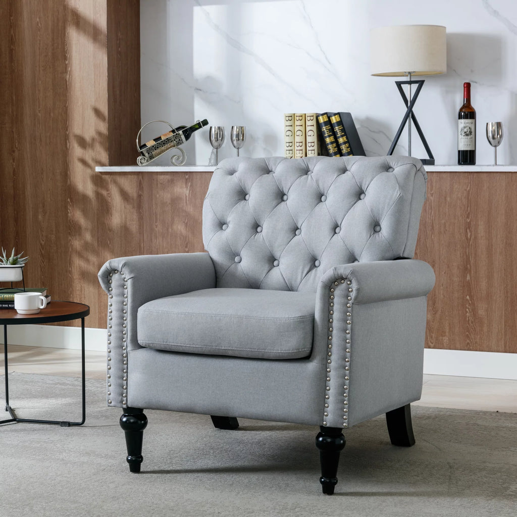 Light Gray Linen Fabric Accent Chair with Button Tufted Back J767