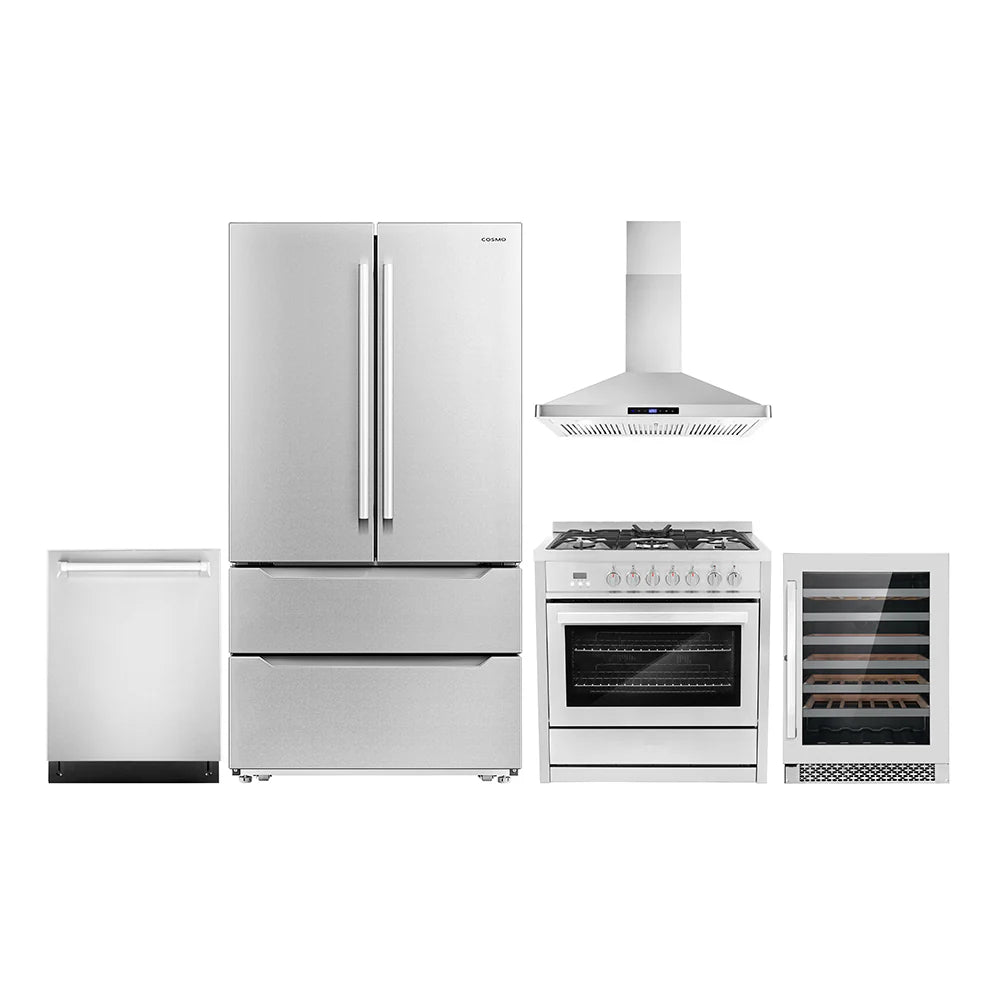 36 Dual Fuel Range, Wall Mount Range Hood, Dishwasher, Refrigerator with Ice Maker and Wine Cooler V9254