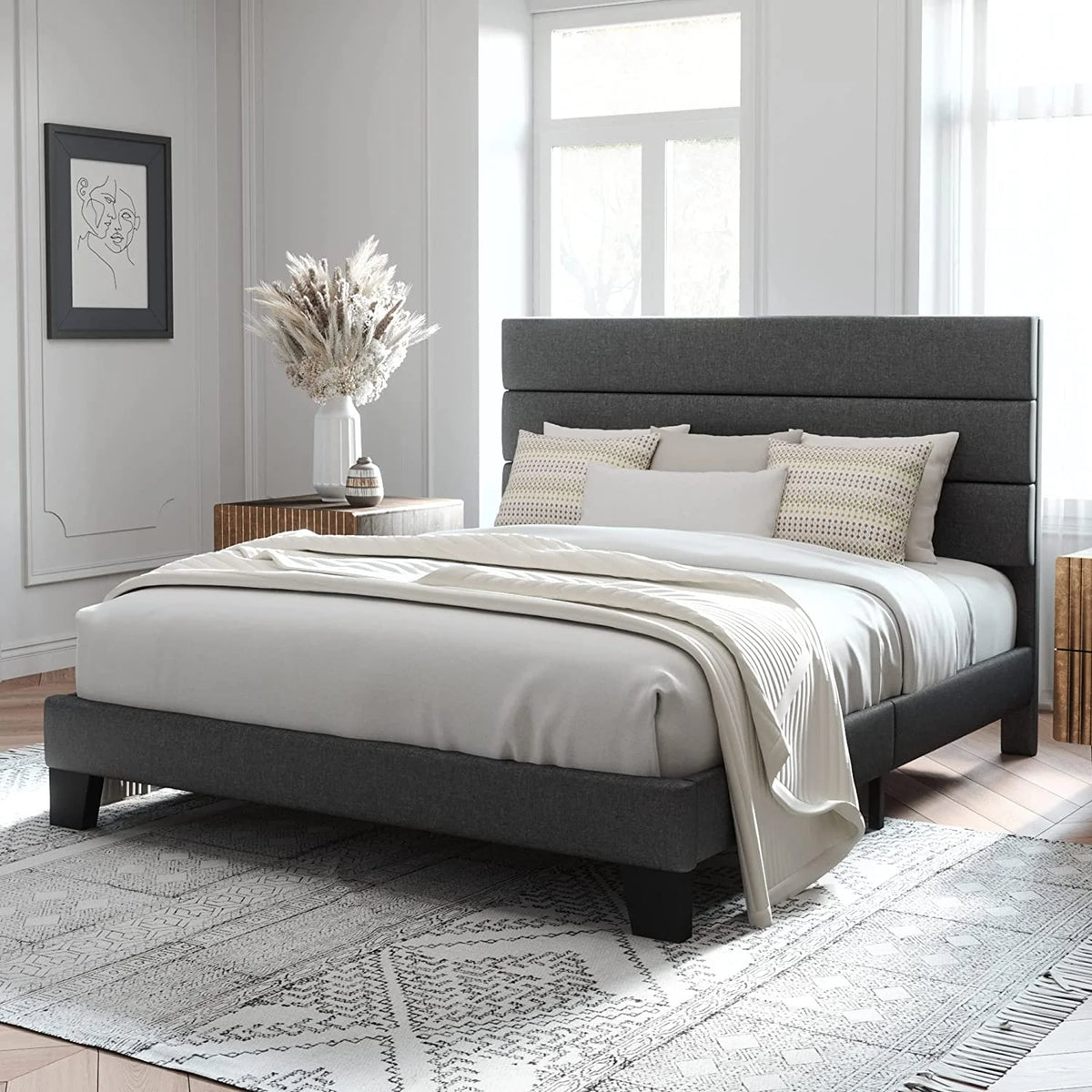 Queen Size Fabric Upholstered Platform Bed Frame F409470