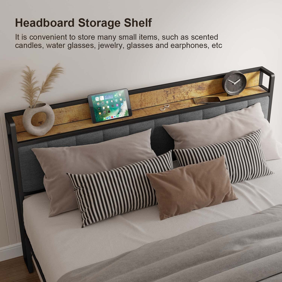 King Size Metal Bed Frame with Storage Headboard T5287