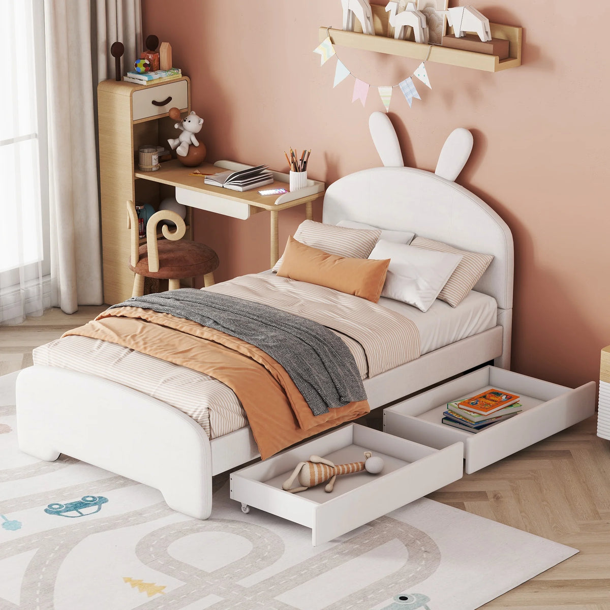 Upholstered Twin Bed with 2 Drawers N7388