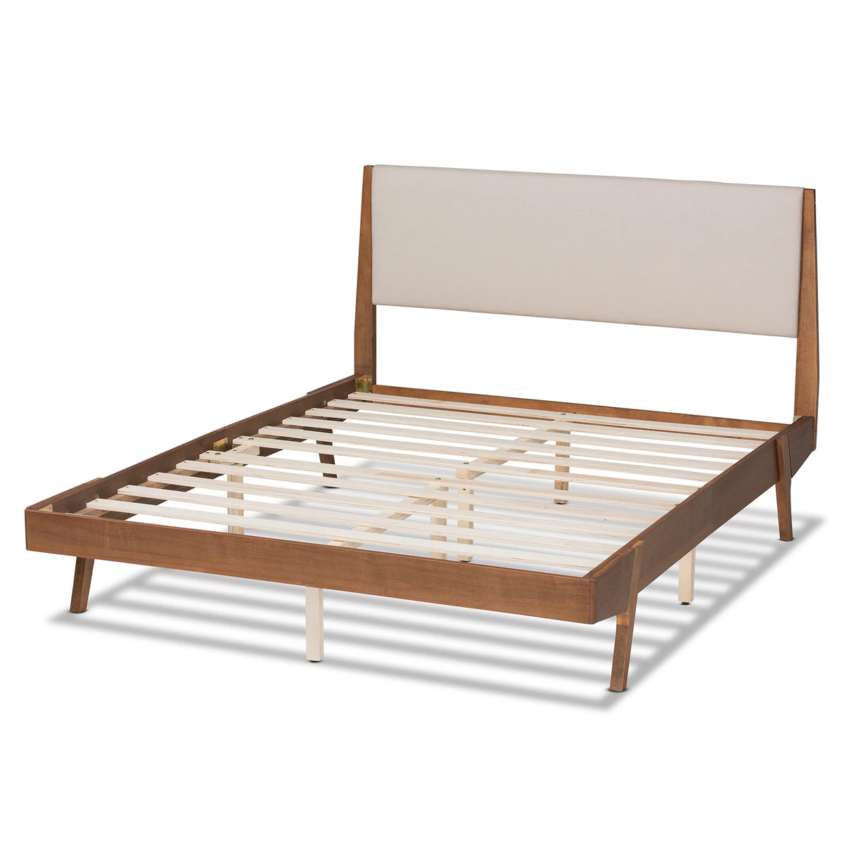 Beige Fabric Upholstered Walnut Brown Wood Queen Size Platform Bed E8405