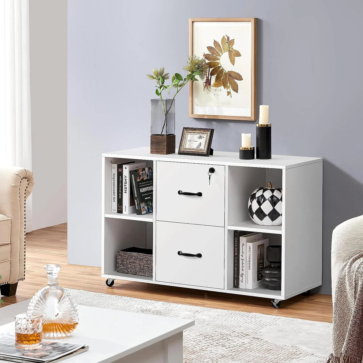 Black Mobile Filing Cabinet with 2 Drawer and 4 Open Compartments X2050