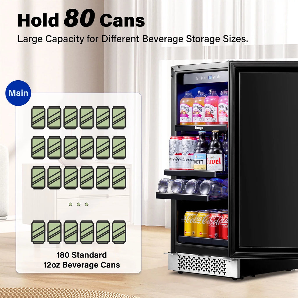 15 Beverage Refrigerator 80 Cans Glass Door Lock T5462