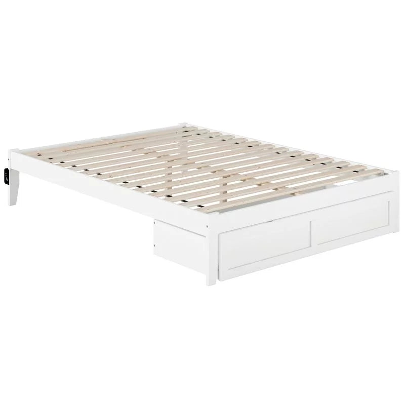 White Solid Wood Queen Bed with Foot Drawer Q42095