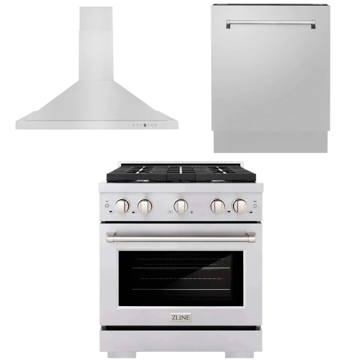 30 in. Gas Range, Range Hood, 3 Rack Dishwasher I956