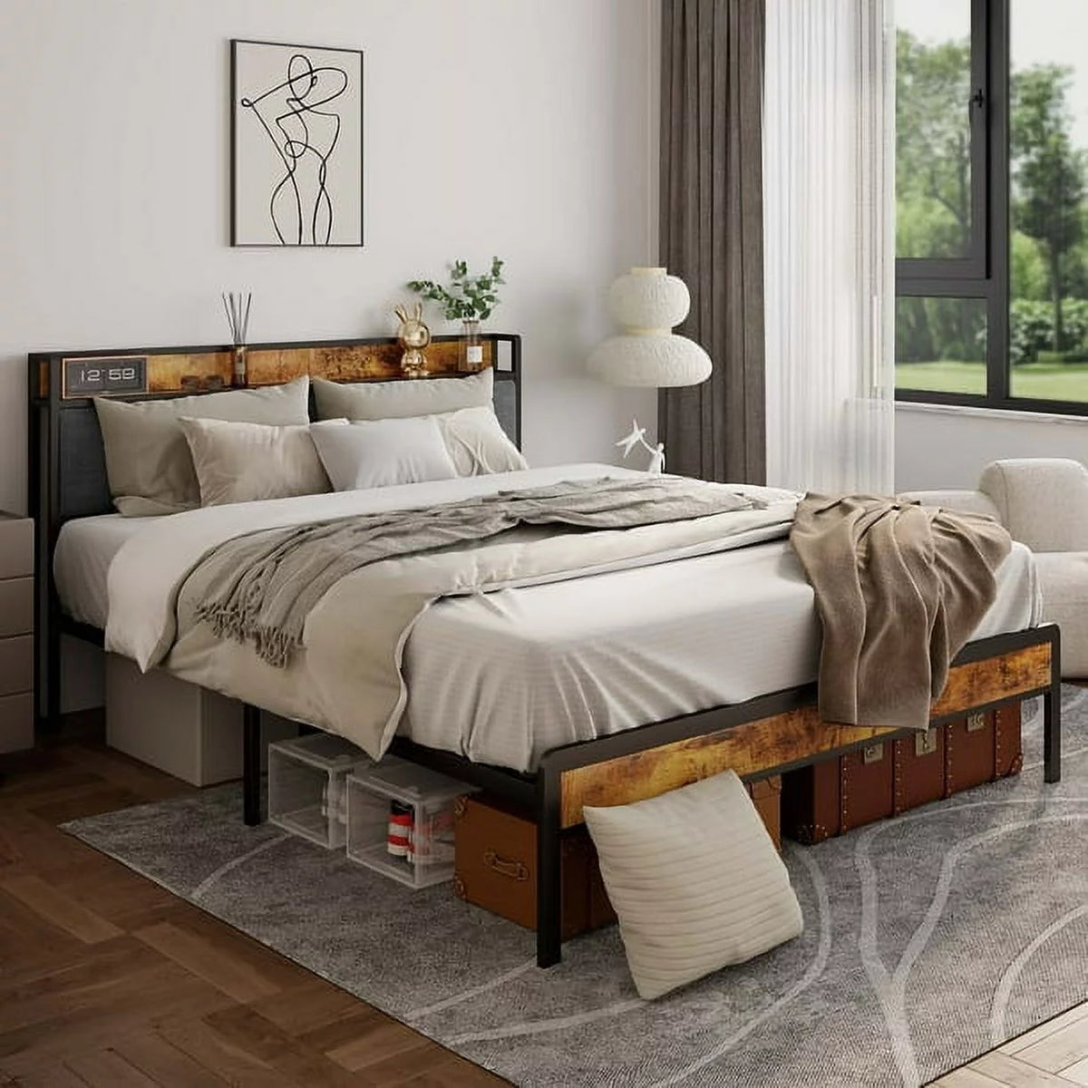 King Size Metal Bed Frame with Storage Headboard T5287