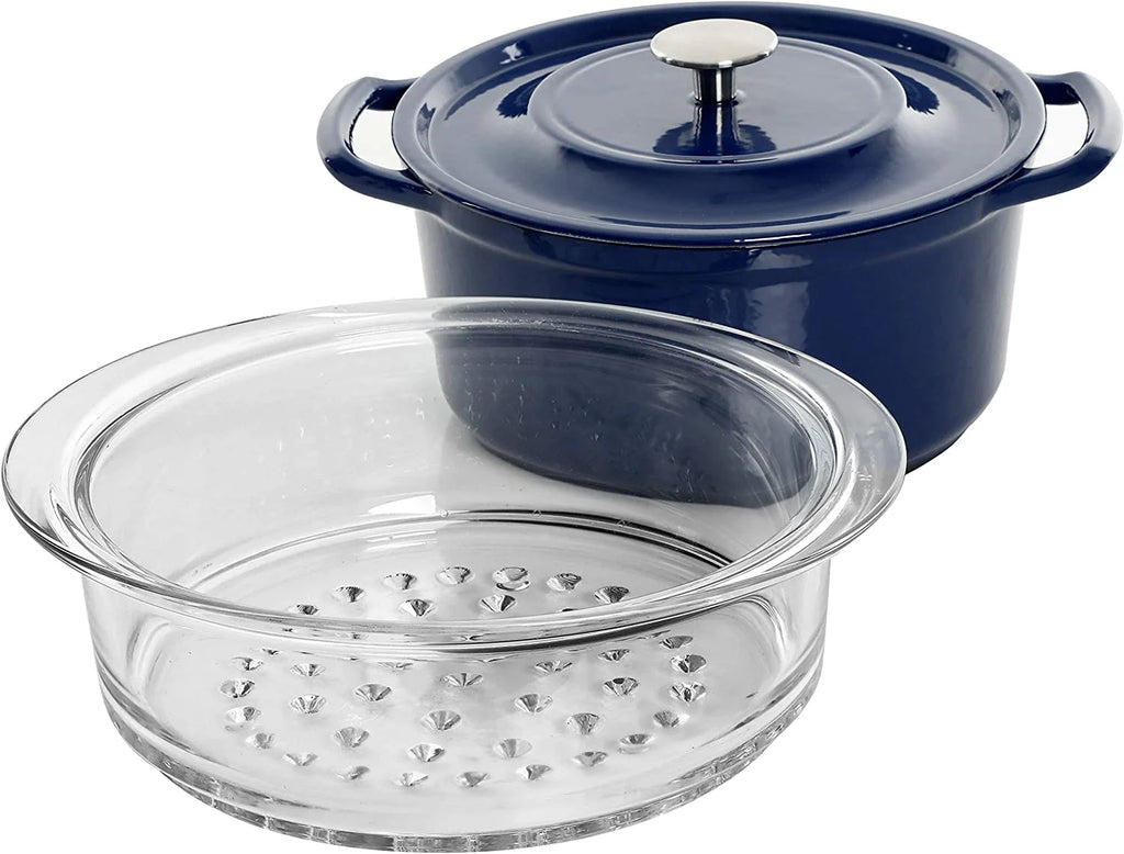 5 Quart Enameled Cast Iron Casserole with Lid and Glass Steamer in Blue L2316