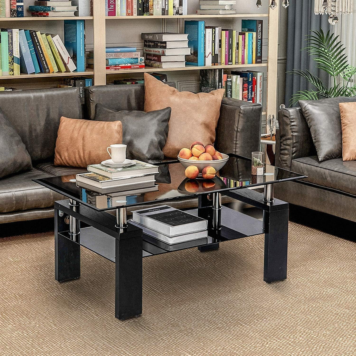 Black Rectangle Glass Coffee Table with Shelf and Wooden Legs G9087