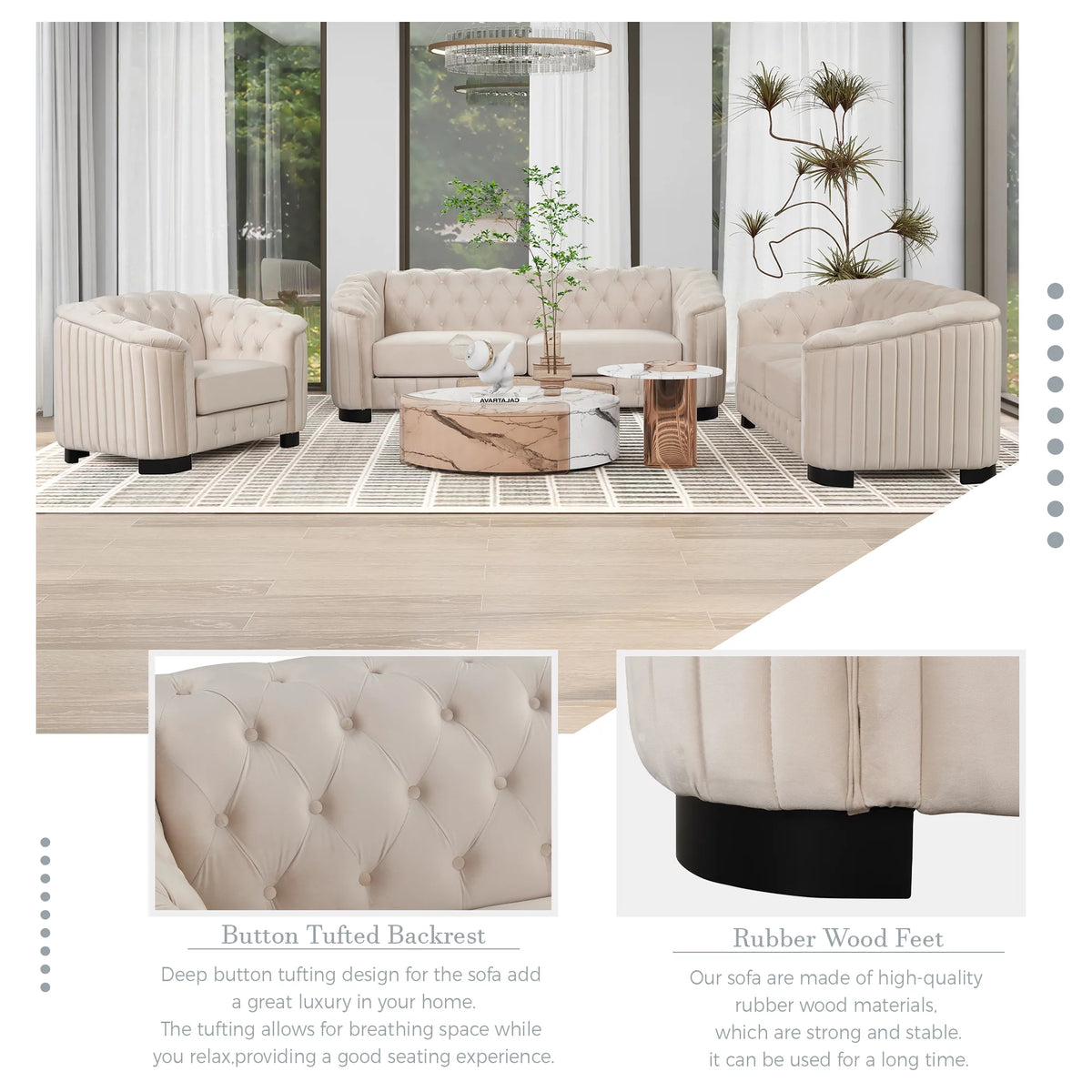 Beige Velvet 3-Piece Sofa Set with Rubber Wood Legs H893