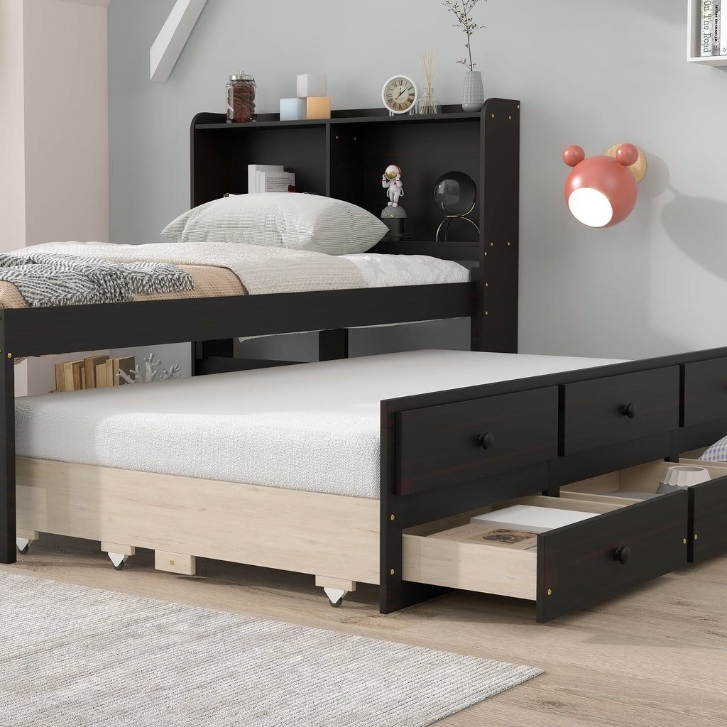 Espresso Twin Bed with Bookcase and Trundle Q655