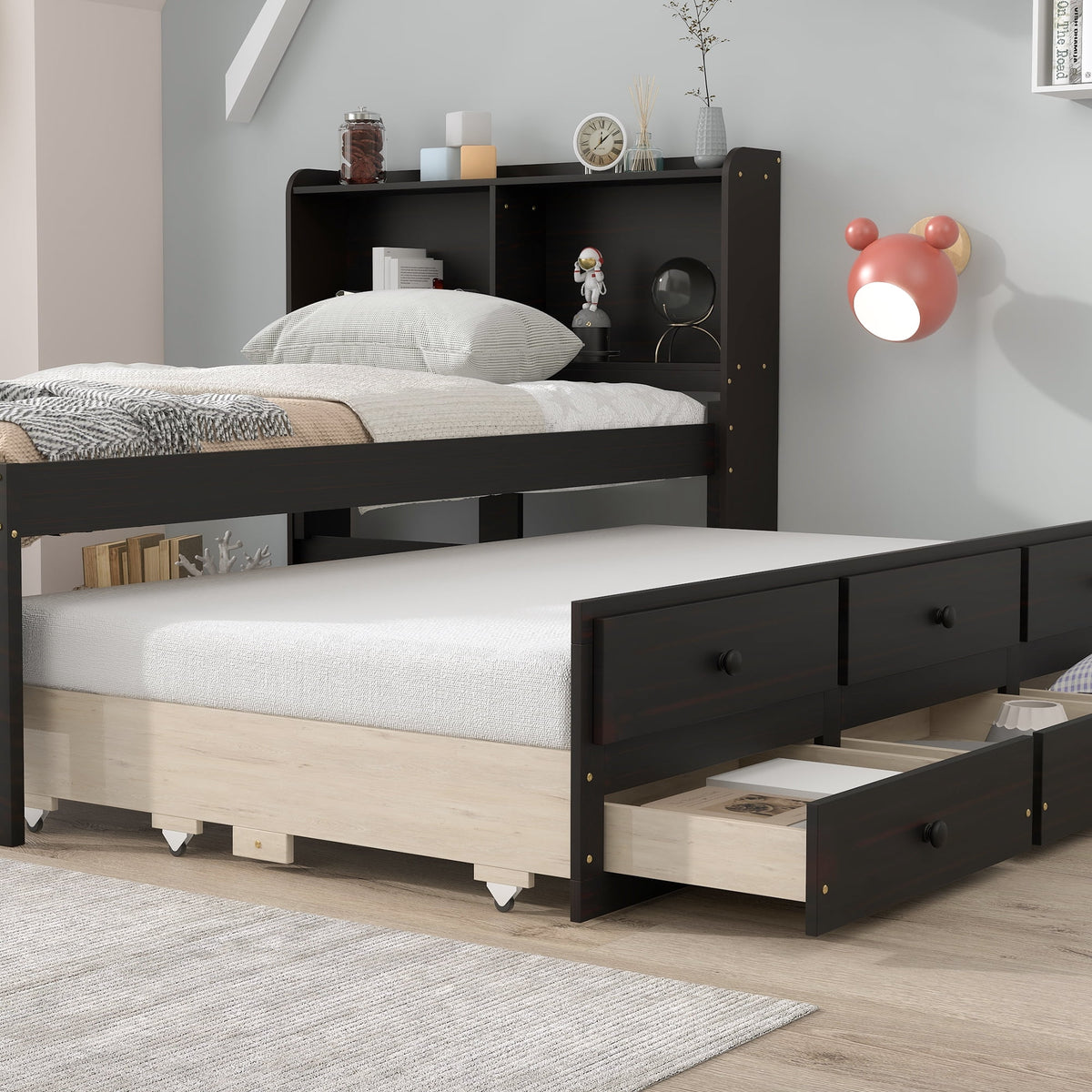 Espresso Twin Bed with Bookcase and Trundle Q655