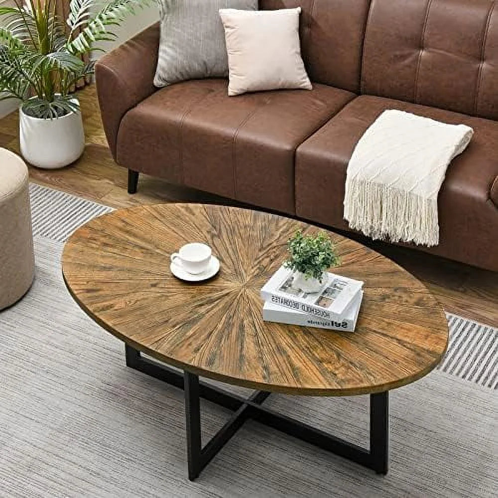 Solid Wood Oval Coffee Table with Cross Metal Legs R826