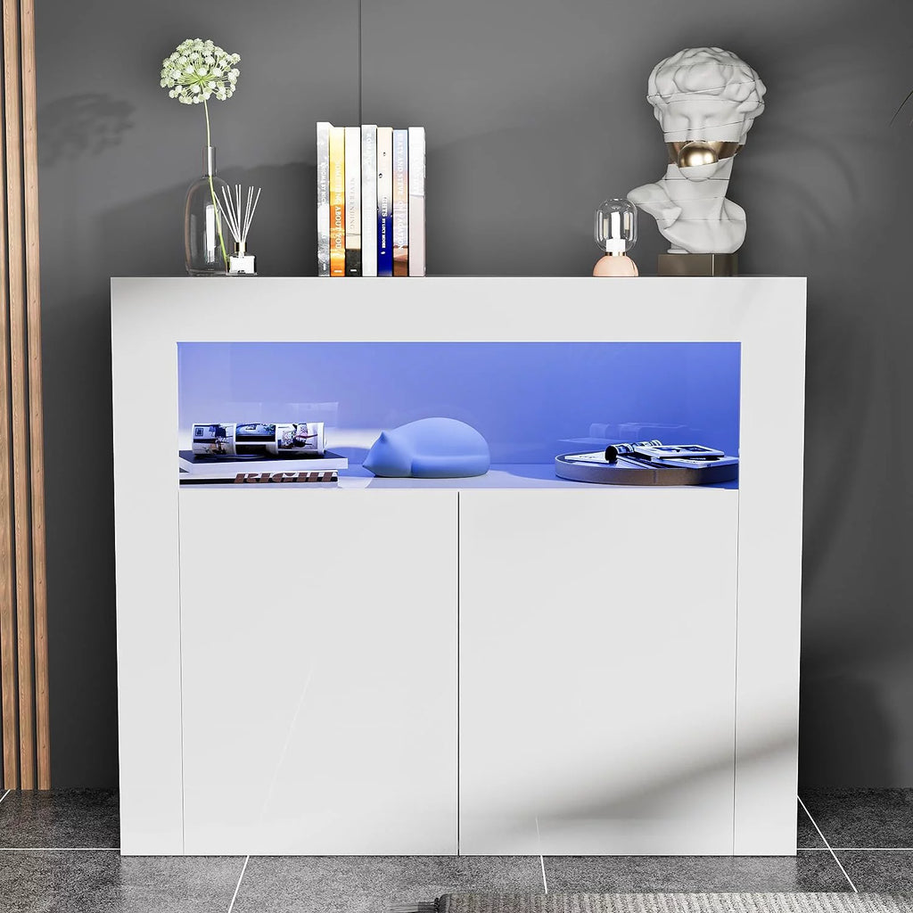 White High Glossy 2 Door Buffet Cabinet with Adjustable Shelf R6038