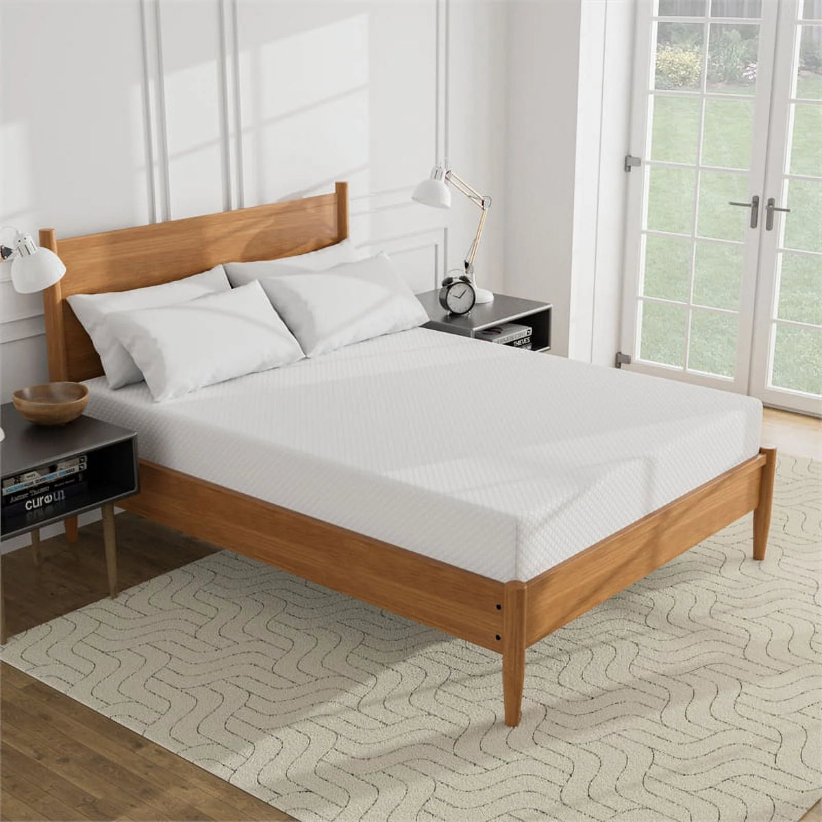 Solid Wood Queen Platform Bed with Memory Foam Mattress I823