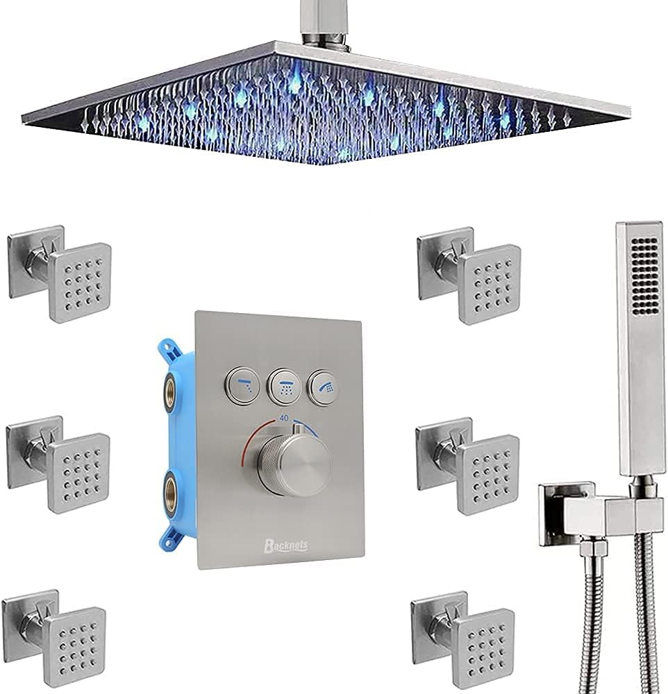 12 Inch Matte Black LED Rainfall Shower System with Body Jets K2177