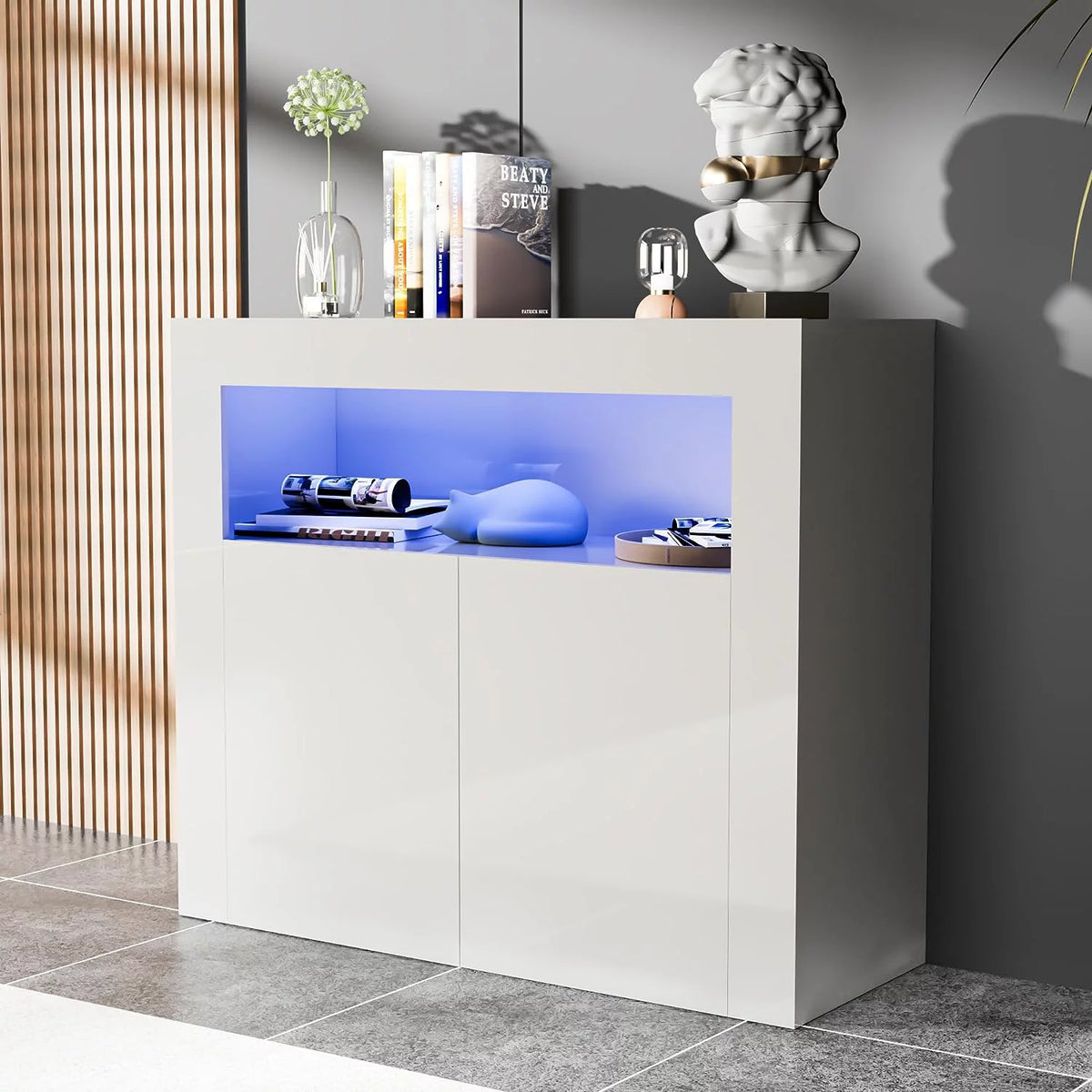 White High Glossy 2 Door Buffet Cabinet with Adjustable Shelf R6038