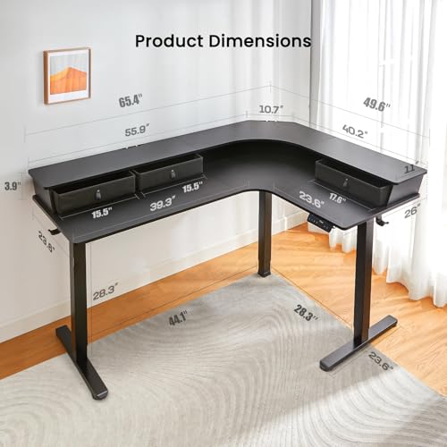 Electric L Shaped Standing Desk, 65'' Height Adjustable Corner Desk with Storage Drawers, Black X31768
