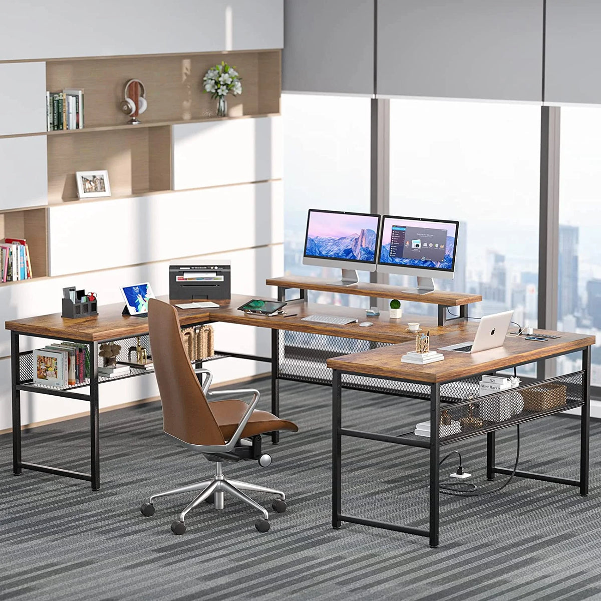 U Shaped Computer Desk with Power Outlet and LED Strip V13729