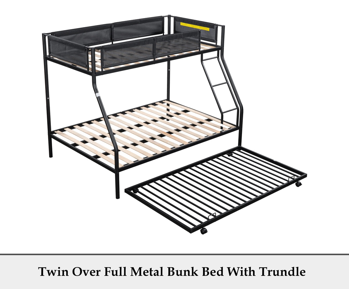 Twin over Full Size Metal Bunk Bed with Trundle and Textilene Guardrail F131573