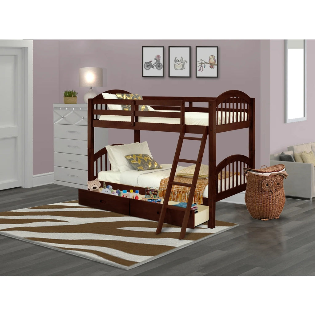 Hardwood Bunk Beds with Ladder and Two Drawers U69864