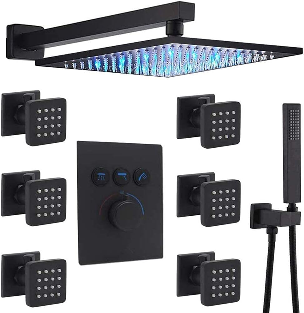 12 Inch Matte Black LED Rainfall Shower System with Body Jets K2177