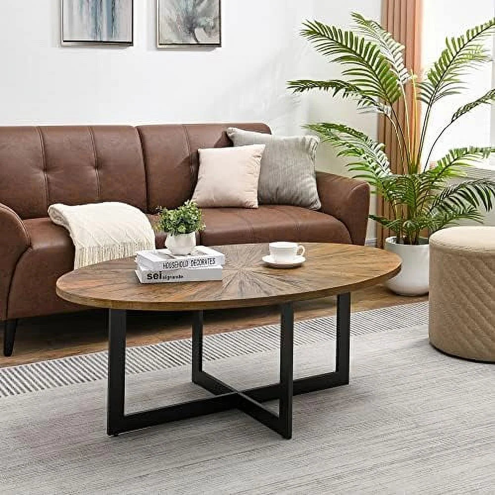 Solid Wood Oval Coffee Table with Cross Metal Legs R826