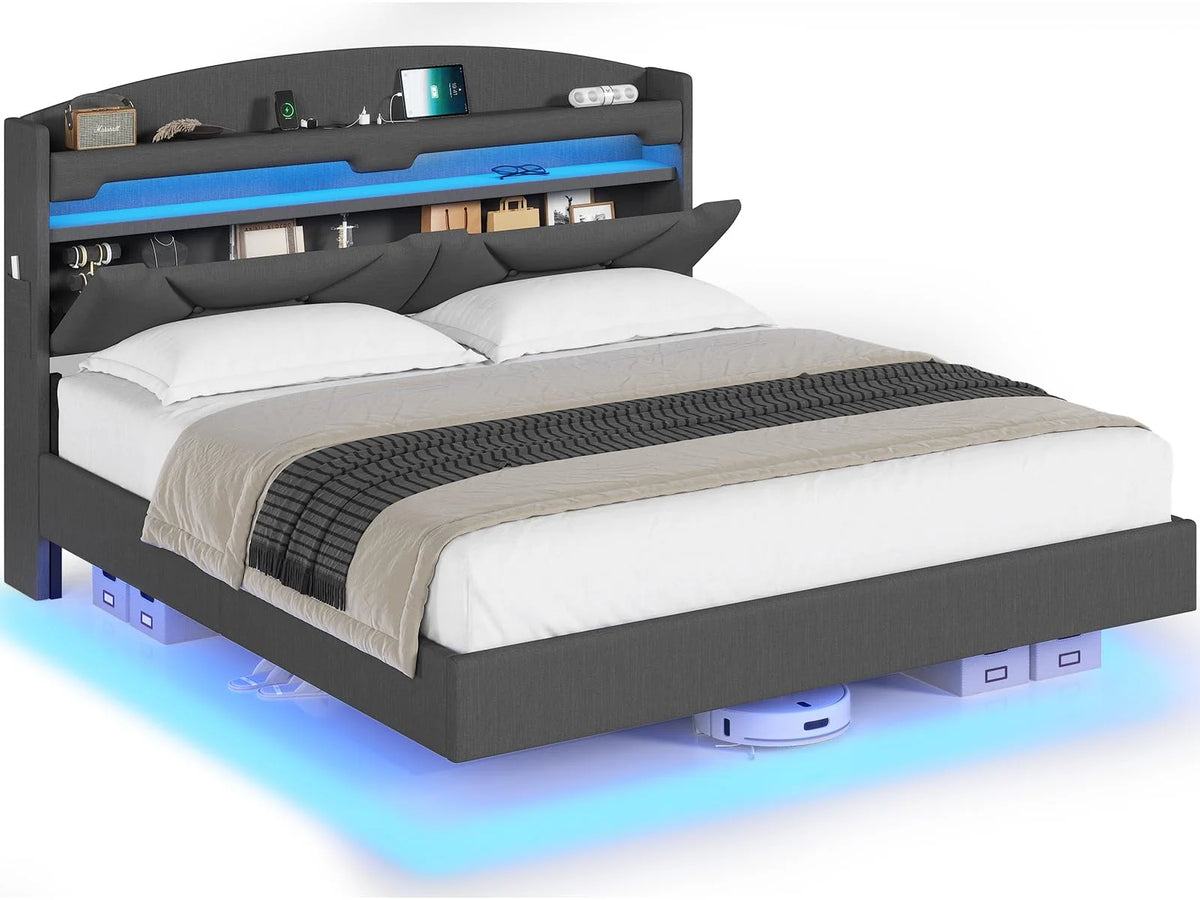Floating Full Size Upholstered Platform Bed with Storage Headboard X741443