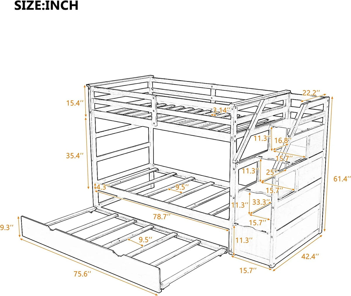 Over Bunk Bed with Trundle and 3 Storage Stairs, Wooden Bed Frame with Storage Drawers and Safety Rail Ladder A688092