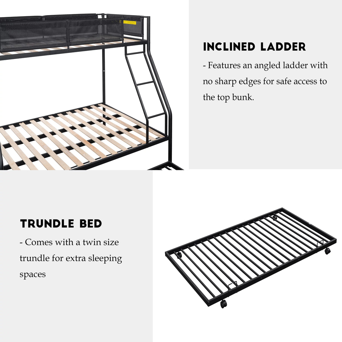 Twin over Full Size Metal Bunk Bed with Trundle and Textilene Guardrail F131573