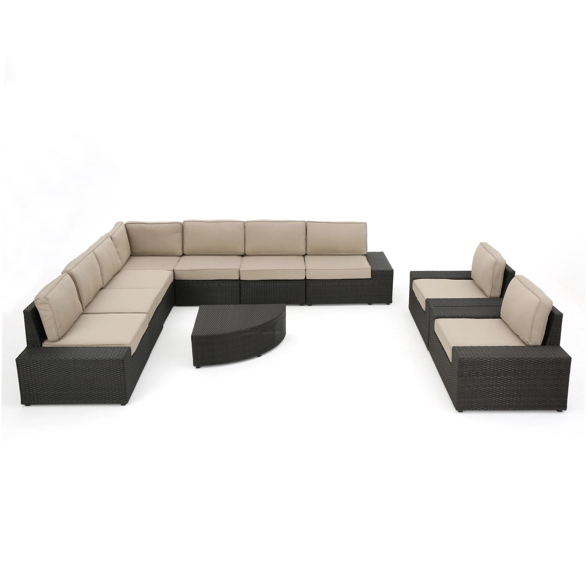 10 Piece Wicker Sofa Set with Cushions, Dark Brown, Beige Y1805