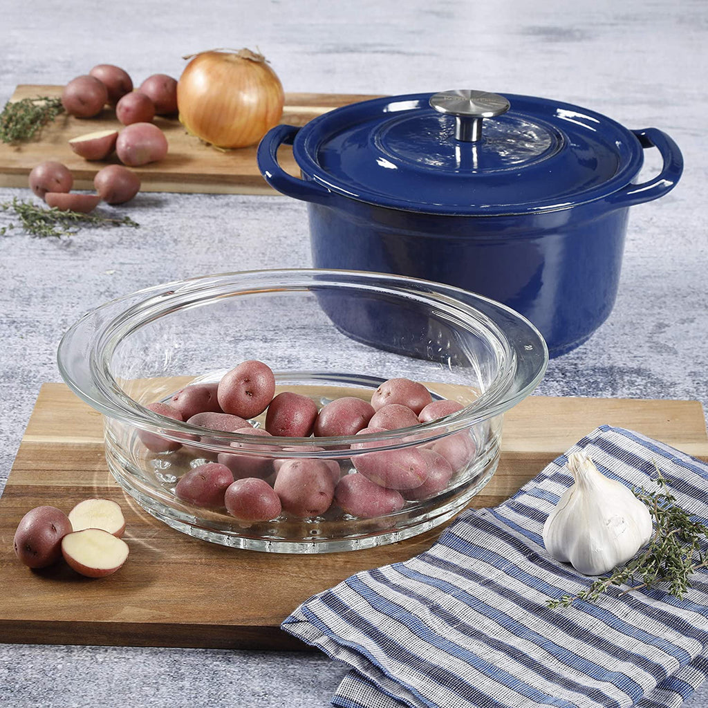 5 Quart Enameled Cast Iron Casserole with Lid and Glass Steamer in Blue L2316