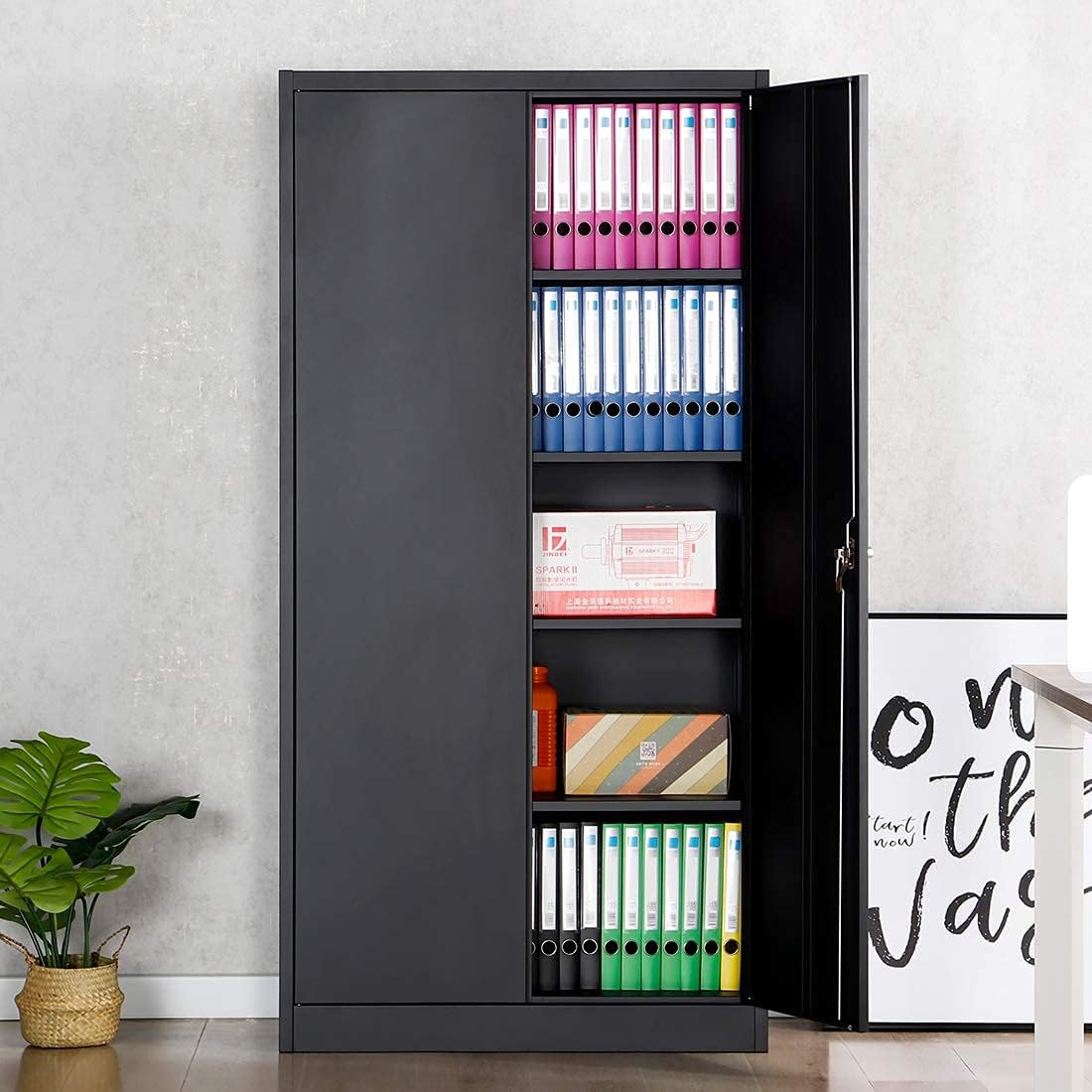 Metal Storage Cabinet with 2 Doors and 5 Shelves, Black I8679