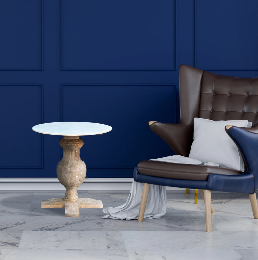 Handmade Marble and Solid Wood Pedestal End Table E381