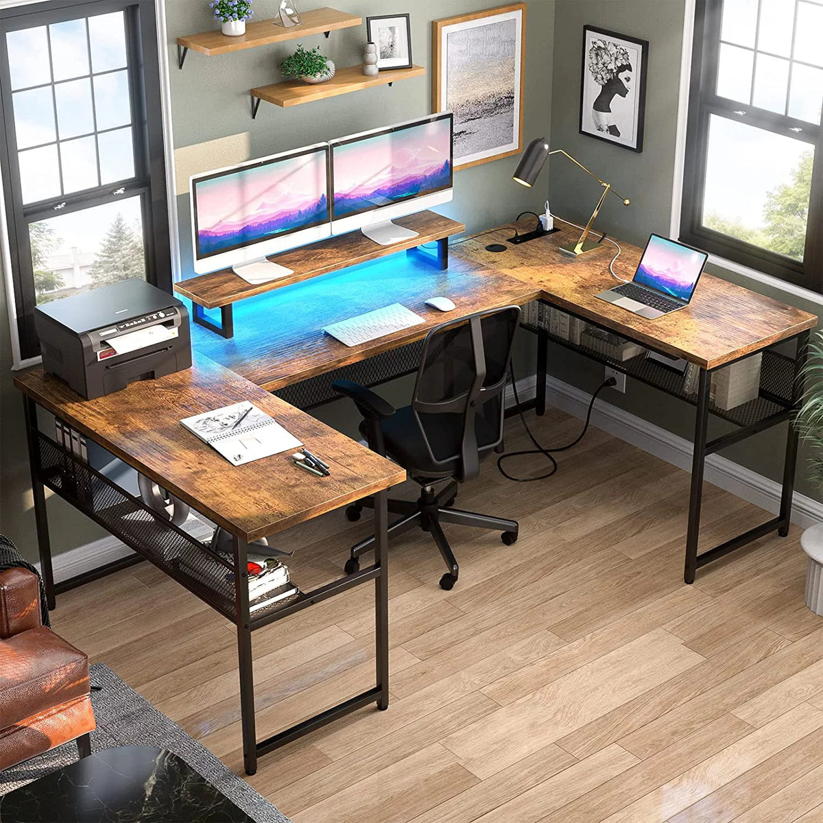 U Shaped Computer Desk with Power Outlet and LED Strip V13729