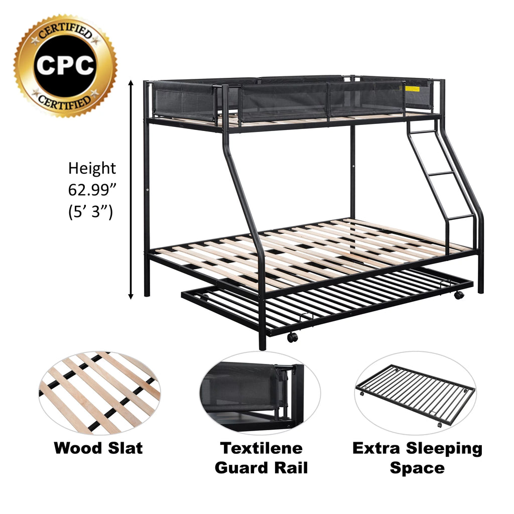 Twin over Full Size Metal Bunk Bed with Trundle and Textilene Guardrail F131573