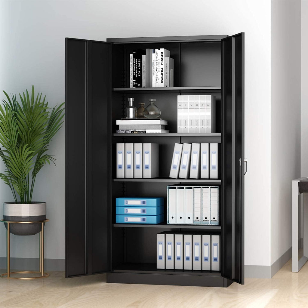 Metal Storage Cabinet with 2 Doors and 5 Shelves, Black I8679