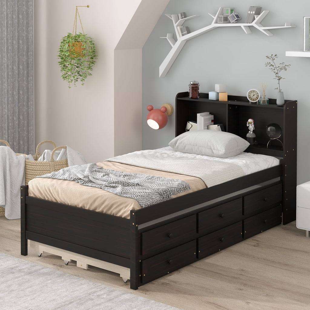 Espresso Twin Bed with Bookcase and Trundle Q655
