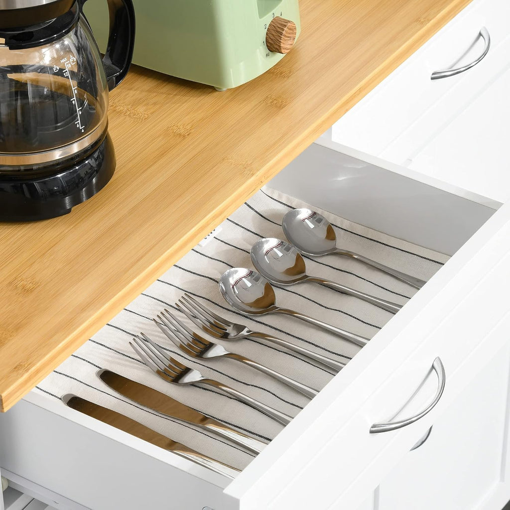 Rolling Kitchen Island Cart with Bamboo Countertop and 2 Cabinets, White A119